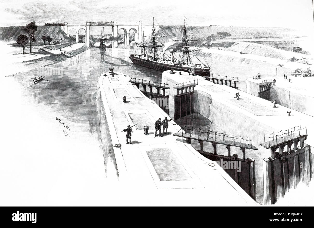 Ein kupferstich mit der Darstellung der eastham Schlösser am Eingang zu den Manchester Ship Canal. Vom 19. Jahrhundert Stockfoto