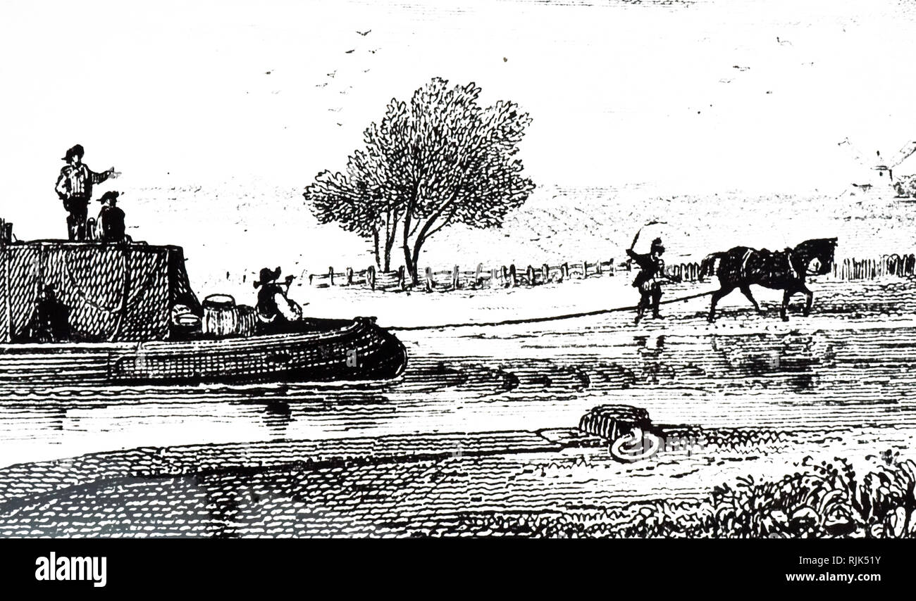 Ein kupferstich mit der Darstellung eines von Pferden gezogenen Kanal Lastkahn. Vom 19. Jahrhundert Stockfoto