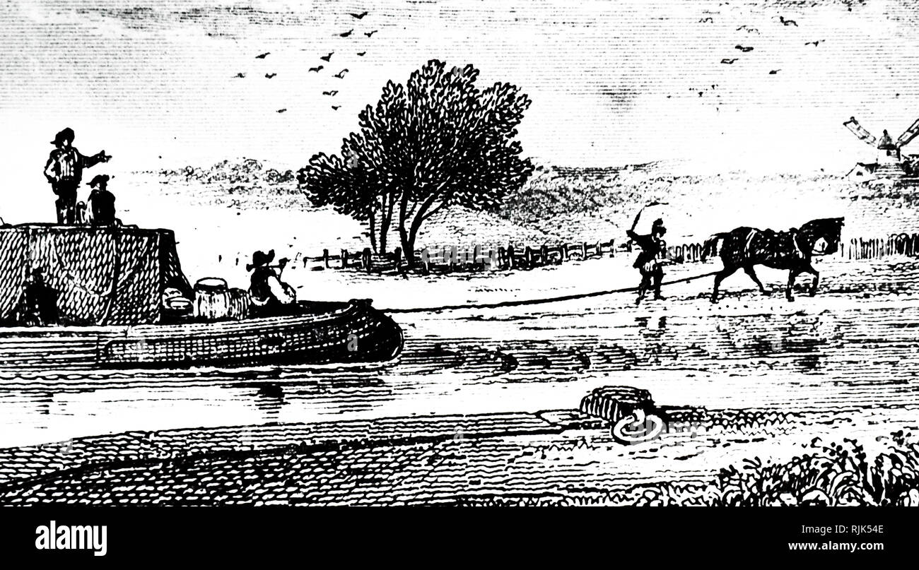 Ein kupferstich mit der Darstellung eines von Pferden gezogenen Kanal Lastkahn. Vom 19. Jahrhundert Stockfoto