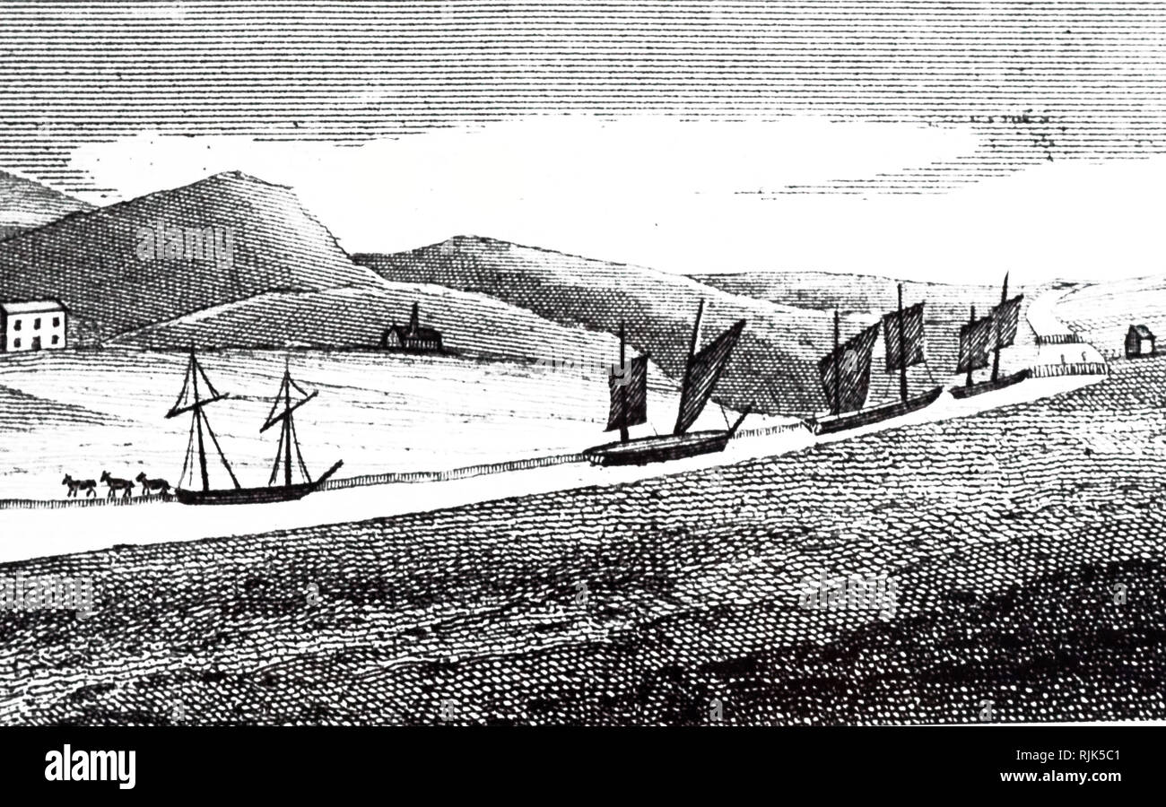 Ein kupferstich mit der Darstellung der Forth & Clyde Ship Canal. Vom 19. Jahrhundert Stockfoto