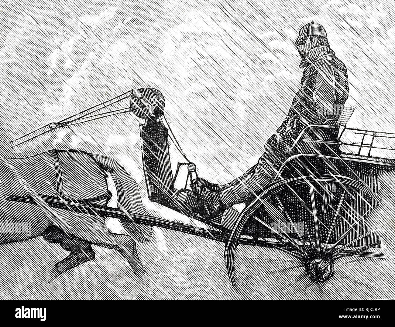 Eine Gravur der Darstellung tritt - fahren, eine Methode des Fahrens Pferde mit den Füßen halten die Hände warm bei stürmischem Wetter. Vom 19. Jahrhundert Stockfoto Eine Gravur der Darstellung tritt - fahren, eine Methode des Fahrens Pferde mit den Füßen halten die Hände warm bei stürmischem Wetter. Vom 19. Jahrhundert Stockfoto