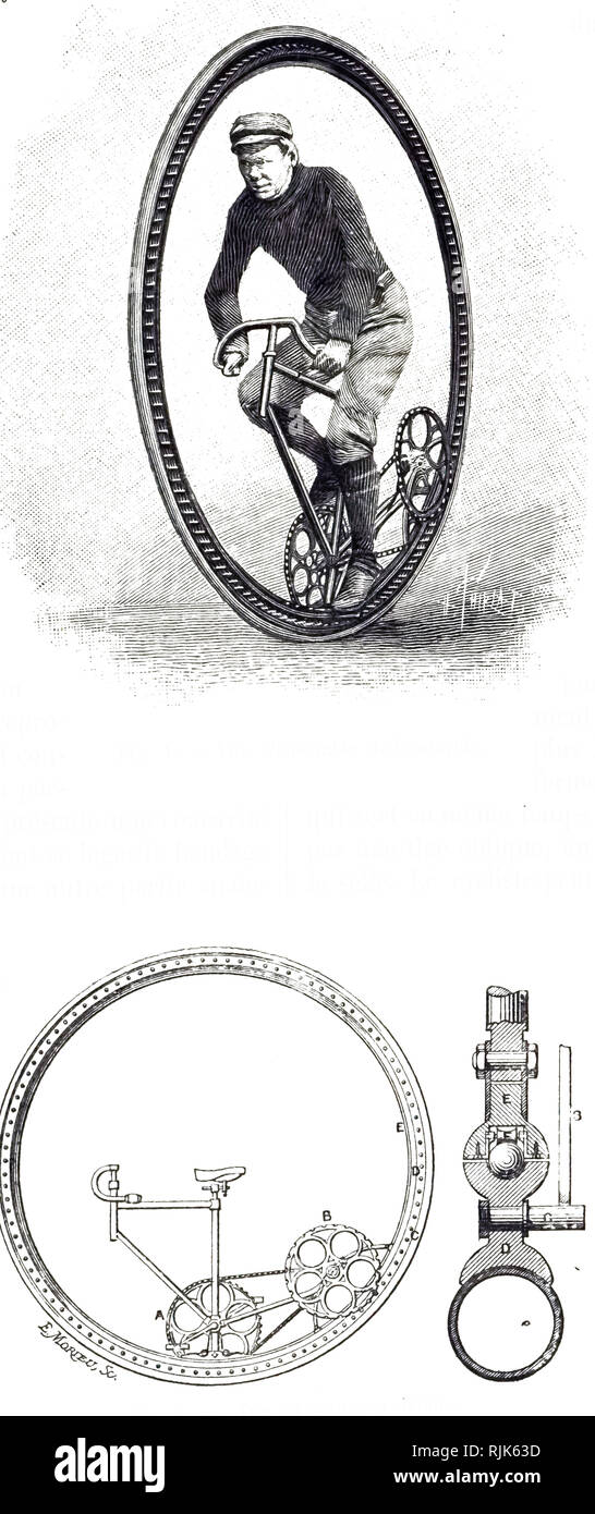 Ein kupferstich mit der Darstellung eines Monowheel, ein 1-rädrigen einspurige Fahrzeug ähnlich einem Einrad, in der der Reiter sitzt entweder innerhalb der Rad- oder daneben. Vom 19. Jahrhundert Stockfoto
