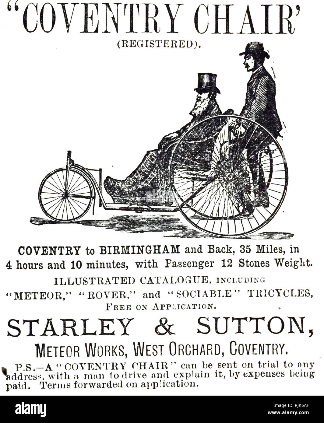Eine Werbung für die 'Chair' - Coventry Coventry zu Birmingham und zurück in 4 Stunden und 10 Minuten. Das Dreirad würde Transport eine ungültige. Vom 19. Jahrhundert Stockfoto