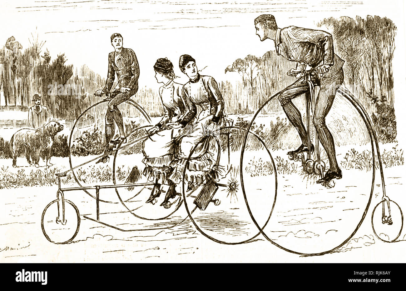 Eine Karikatur zeigt eine Gruppe von jungen Leuten, Dreiräder. Illustrierte George Du Maurier (1834-1896) eine französisch-britische Zeichner und Autor. Vom 19. Jahrhundert Stockfoto