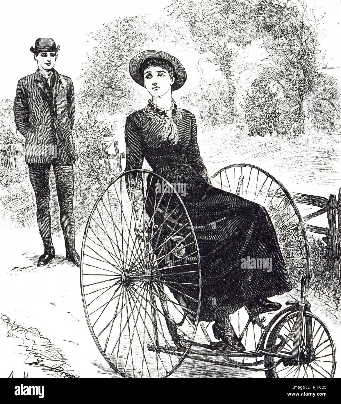 Eine Gravur, eine Dame, ein Dreirad. Vom 19. Jahrhundert Stockfoto