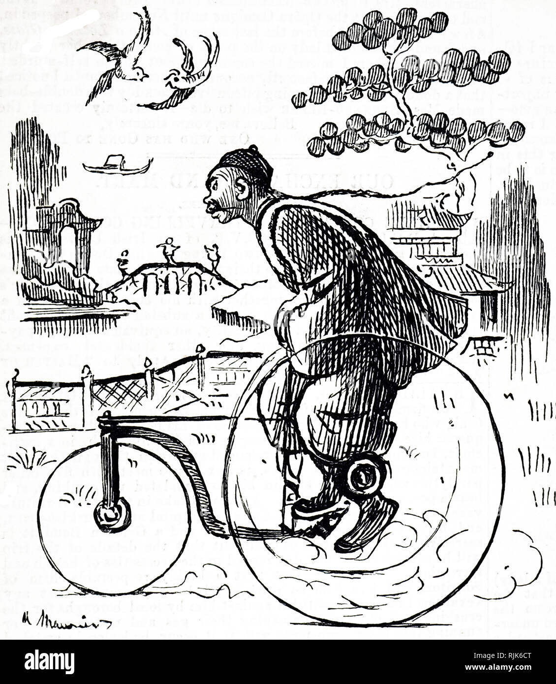 Eine Karikatur, die einen chinesischen Mann, ein Dreirad durch einen Park in China. Illustrierte George Du Maurier (1834-1896) eine französisch-britische Zeichner und Autor. Vom 19. Jahrhundert Stockfoto