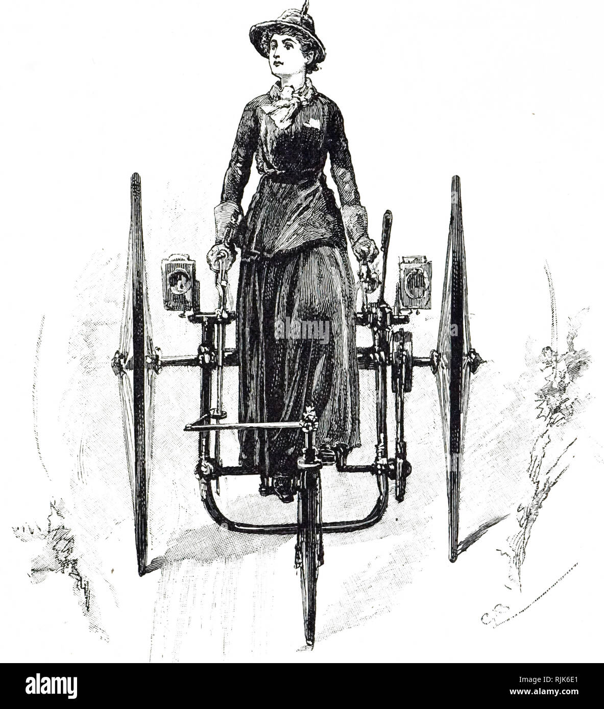 Eine Gravur, eine Dame, ein Dreirad. Vom 19. Jahrhundert Stockfoto