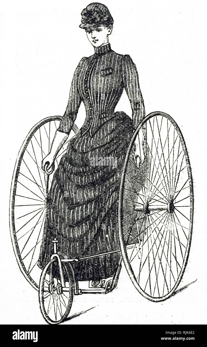 Eine Gravur, eine Dame, trug ein Kleid, reiten ein Dreirad. Vom 19. Jahrhundert Stockfoto