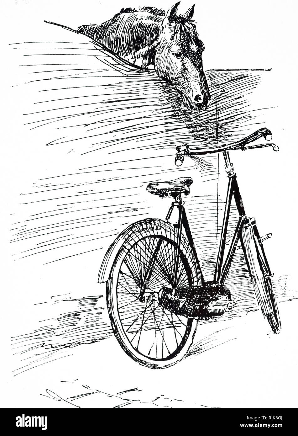 Ein Cartoon mit dem Titel "Die Alten Liebe und Die Neue': ein Pferd peering über die Seite der Abschaltdruck am neuen Fahrrad seiner Herrin. Vom 19. Jahrhundert Stockfoto