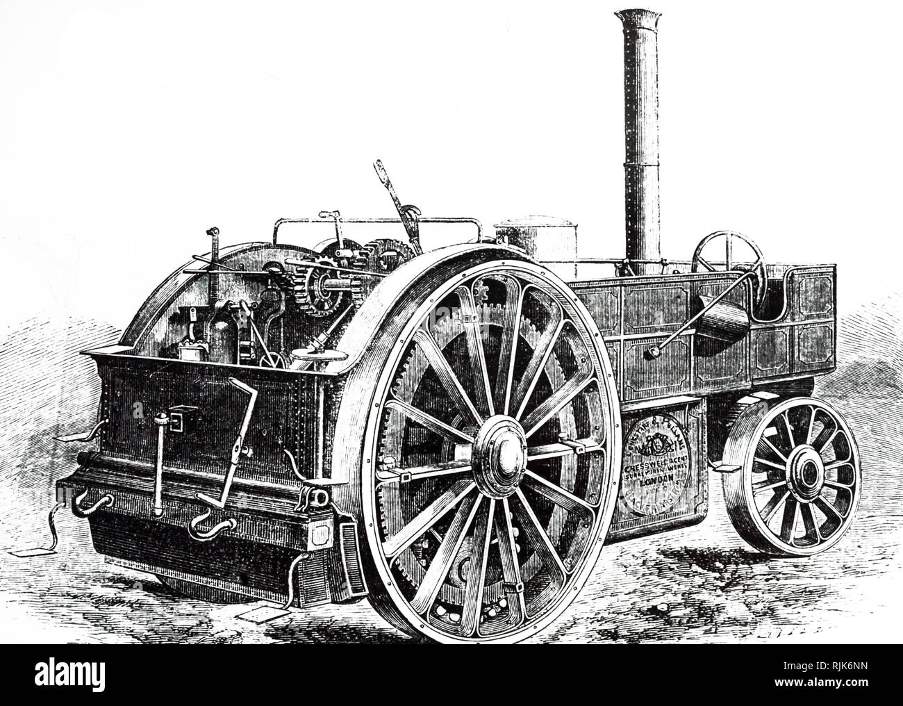 Ein kupferstich mit der Darstellung eines Traction Engine von Longstaff & Pullen. Der einzigartige Konstruktion, weil ein separates Chassis und einem zweiten unabhängigen Rahmen durchgeführt, um die Antriebsachse und Getriebe. Extra Grip wurde durch Senkung zusätzliche Antriebsräder möglich. Vom 19. Jahrhundert Stockfoto