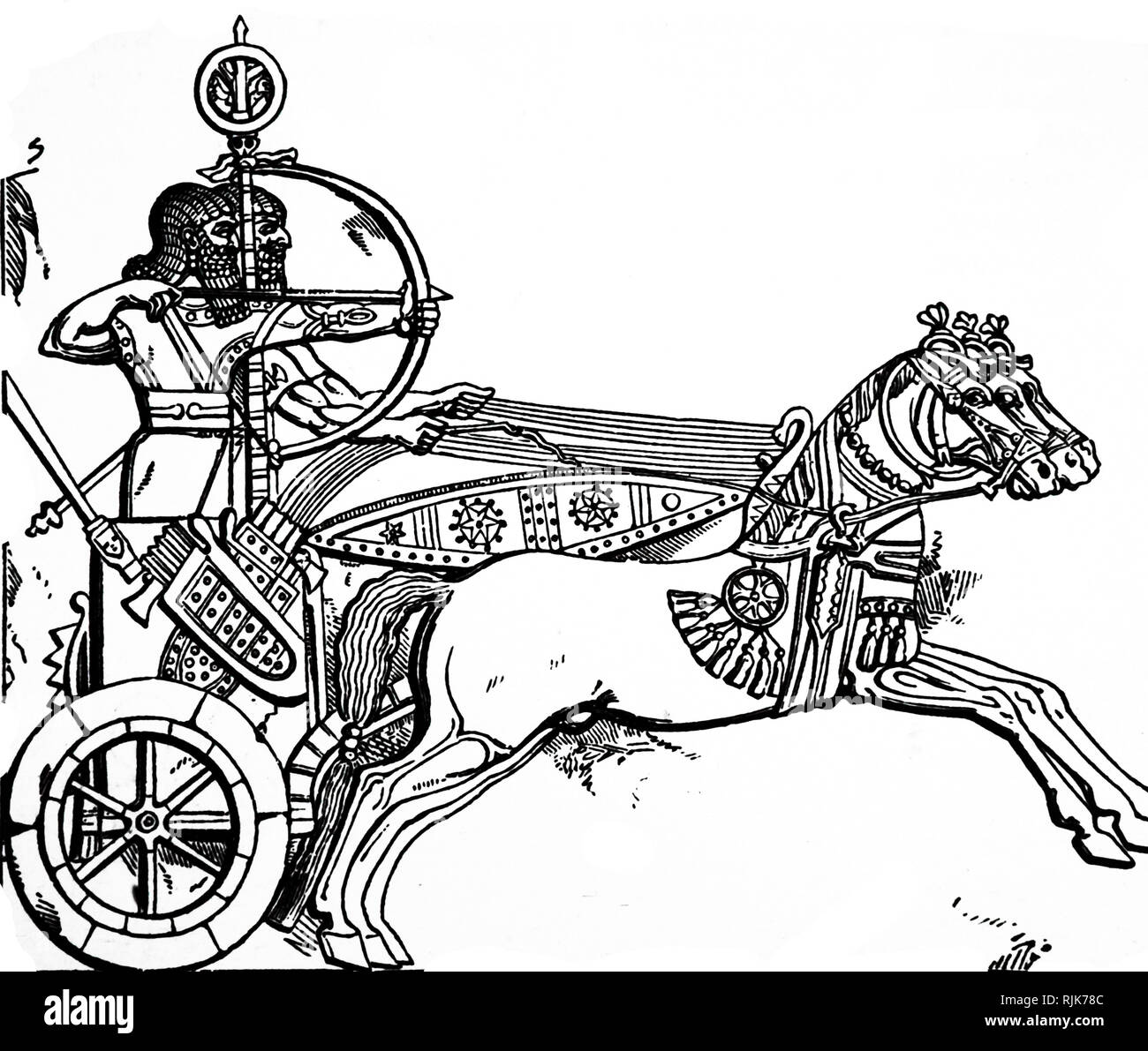 Eine Gravur, ein assyrischer Krieg chariot mit Archer: einfache nicht-gewölbte Räder. Von einer bas-relief an Nimrod. Vom 19. Jahrhundert Stockfoto