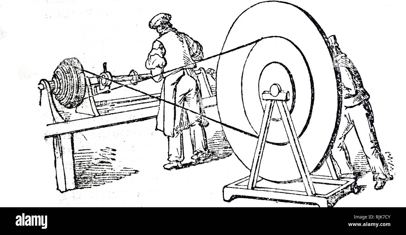 Eine Gravur, die das Drehen von Gusseisen Achslager auf einer Drehmaschine zu beenden. Vom 19. Jahrhundert Stockfoto