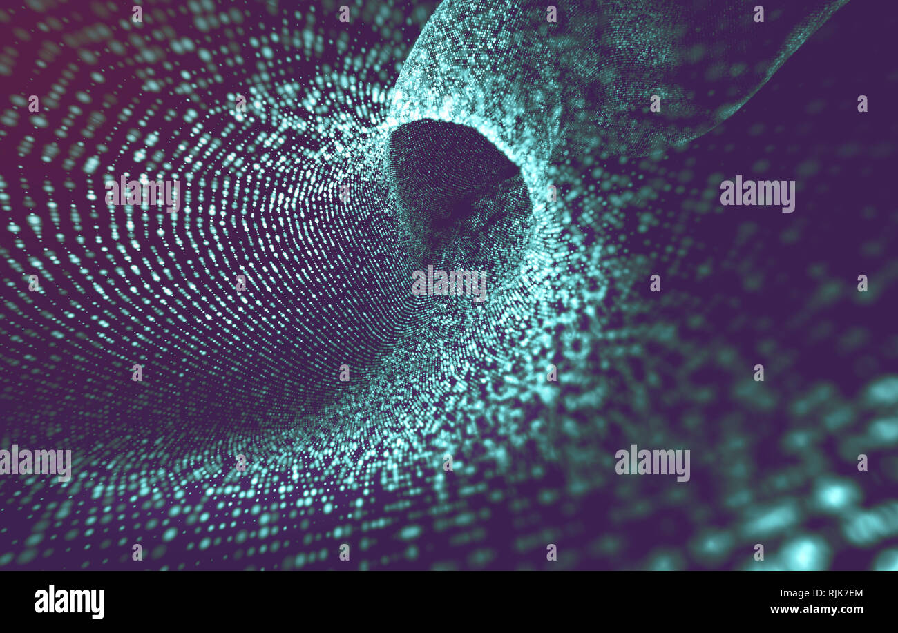 Wissenschaft und Technologie Konzept. Große Daten- und IT-Hintergrund. Abstrakte punkte Tunnel und Wellen. 3D-Darstellung Stockfoto