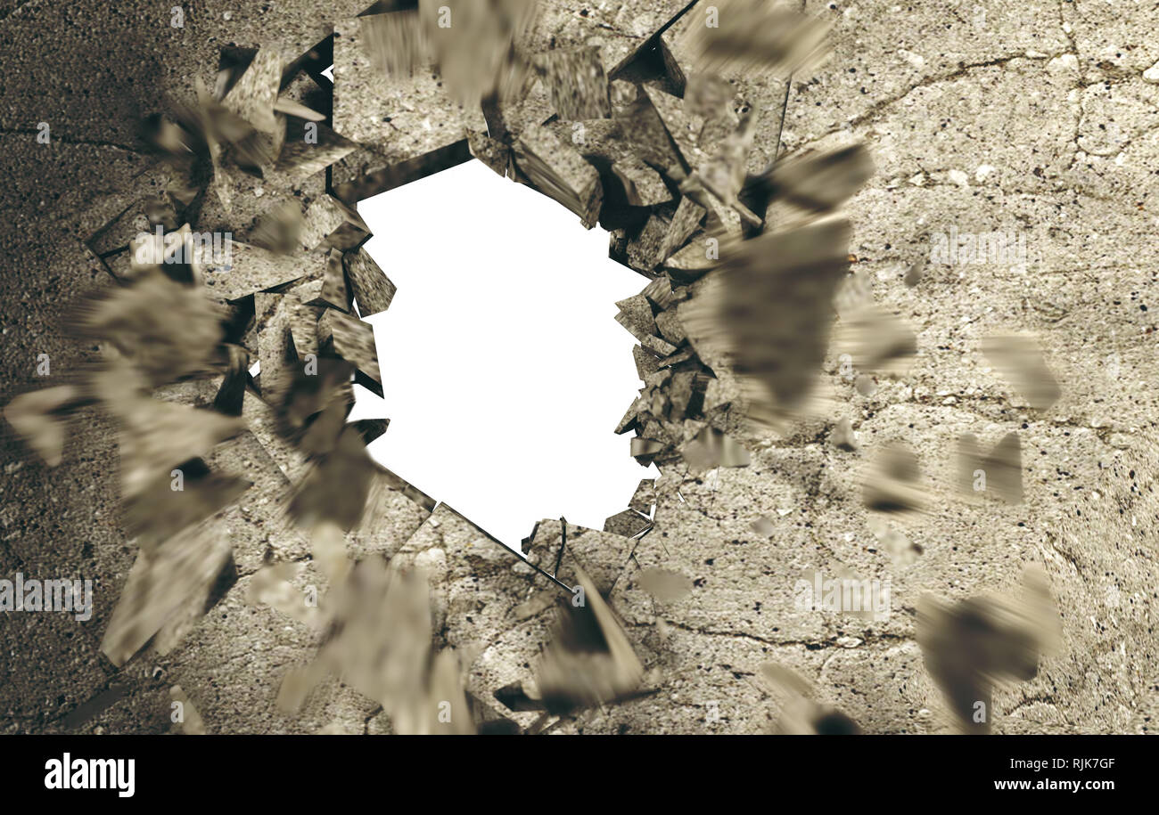 Konzept der Abbau von Hindernissen. Riss- und Explosionsgefahr. Loch in der Zement- und Mauer. 3D-Darstellung Stockfoto