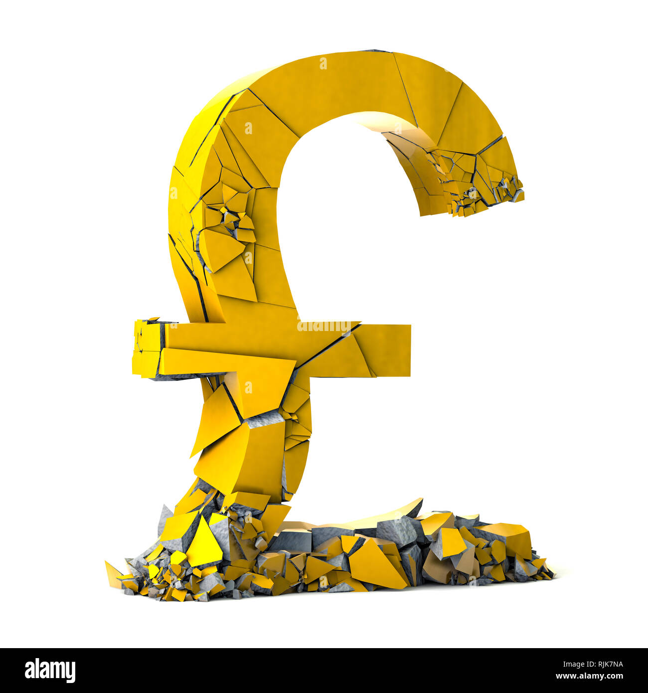 Konzept der Bank und Finanz- und Konkurs. Abwertung der Währungen der Welt. Pfund Sterling currency Symbol auf weißem Hintergrund. 3D-Darstellung Stockfoto