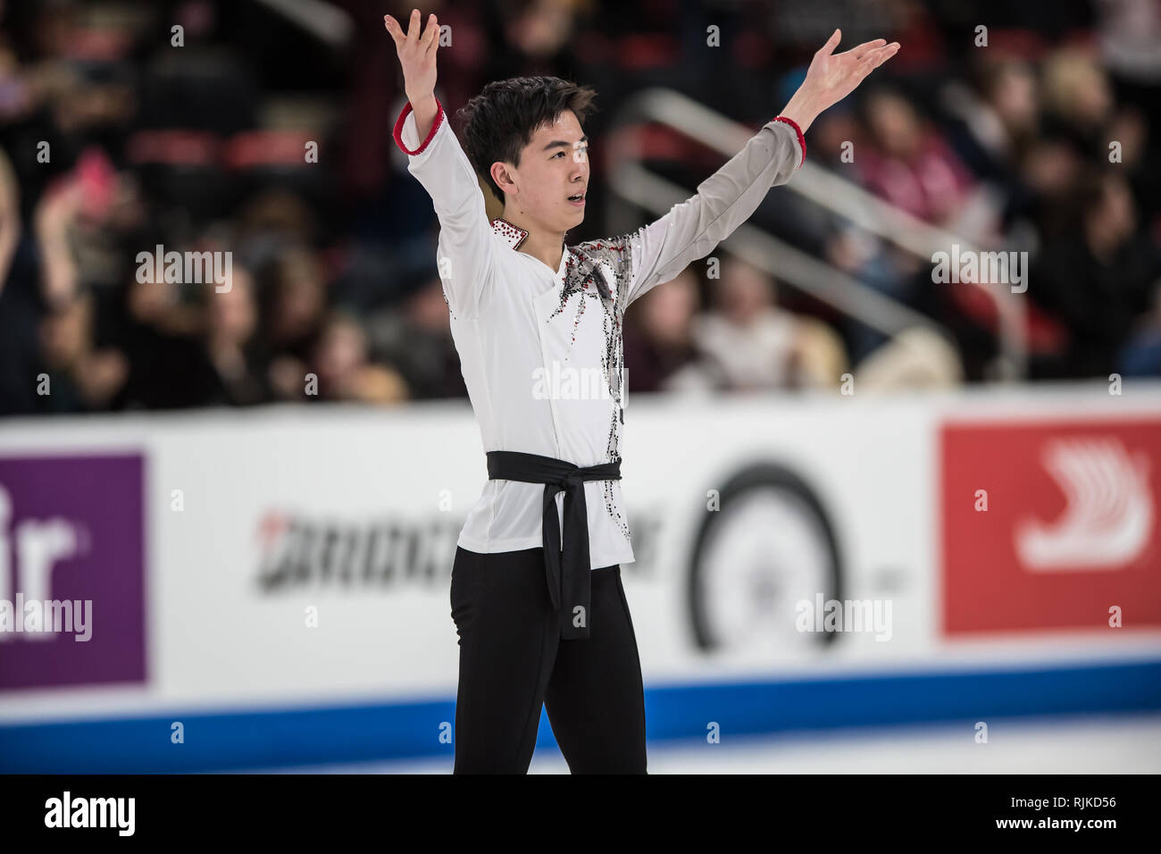 Detroit, Michigan, USA. 4 Feb, 2019. VINCENT ZHOU führt während der Mens Kür des 2019 uns Eiskunstlauf Meisterschaft an Little Caesars Arena, Detroit, Michigan. (Bild: © Scott Hasse/ZUMA Drücken) Stockfoto