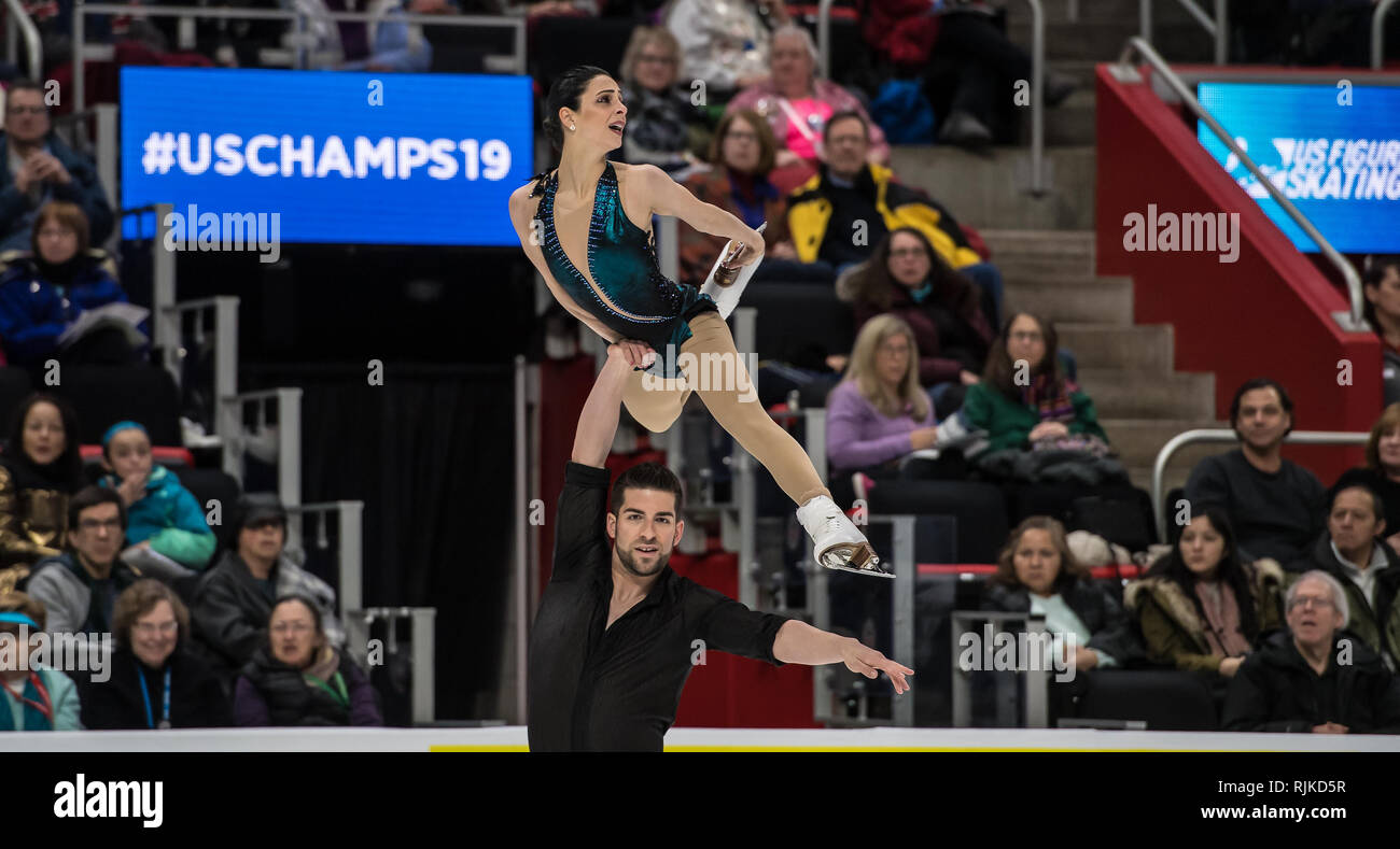 Detroit, Michigan, USA. 4 Feb, 2019. HAVEN DENNEY und BRANDON FRAZIER während die Paare Kür des 2019 uns Eiskunstlauf Meisterschaft an Little Caesars Arena, Detroit, Michigan. (Bild: © Scott Hasse/ZUMA Drücken) Stockfoto