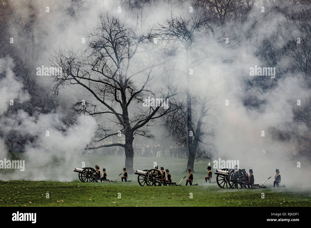 London, Großbritannien. 6. Feb 2019. 41 Gun Salute im Green Park von der King's Troop Royal Horse artillery Kennzeichnung der 67. Jahrestag der HM der Königin der Thronbesteigung Credit: Guy Corbishley/Alamy leben Nachrichten Stockfoto