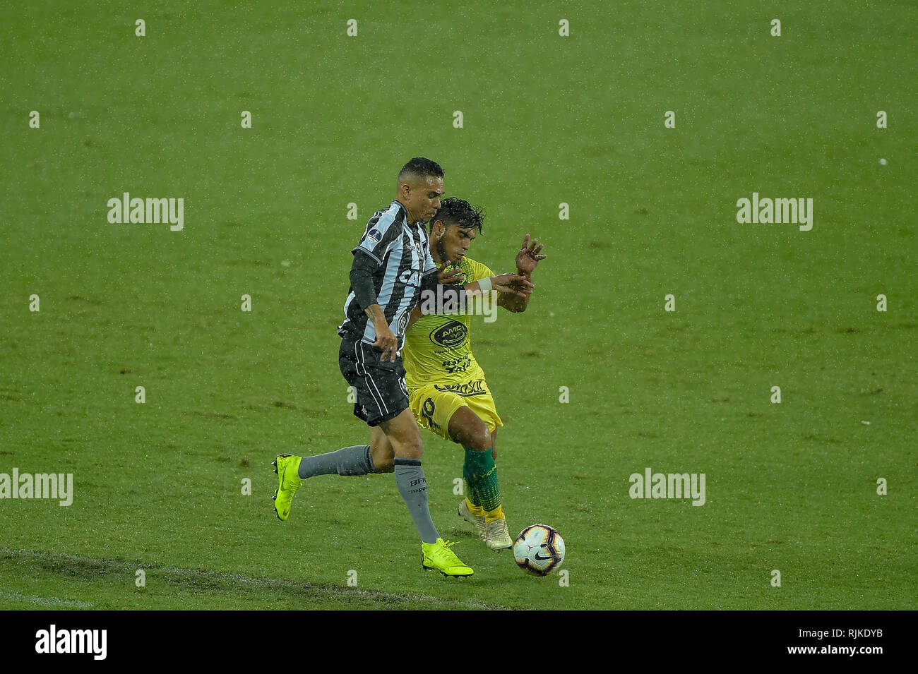 RJ - Rio de Janeiro - 06/02/2019 - Copa-Sul Americana 2019, Botafogo x Defensa y "Justicia - Luiz Fernando Botafogo player Streitigkeiten mit Delgado Defender und Gerechtigkeit Spieler während des Spiels im Stadion Engenhao Angebot für die Meisterschaft Copa Sudamericana 2019 Foto: Thiago Ribeiro/AGIF Stockfoto