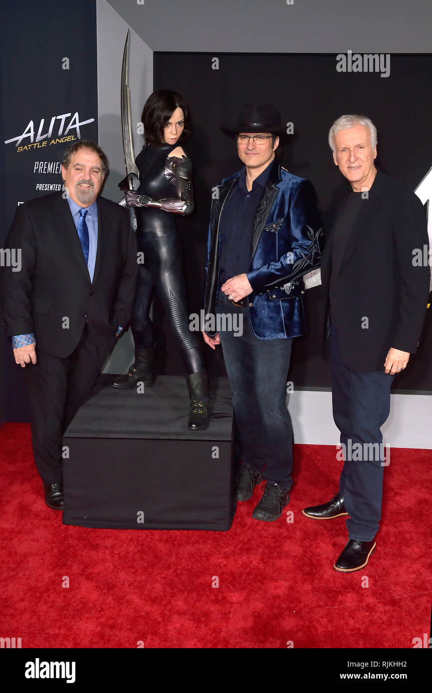 Los Angeles, USA. 05 Feb, 2019. Jon Landau, Robert Rodriguez und James Cameron bei der Premiere des Films "Alita: Battle Angel' an der Westwood Village Regency Theater. Los Angeles, 05.02.2019 | Verwendung der weltweiten Kredit: dpa/Alamy leben Nachrichten Stockfoto