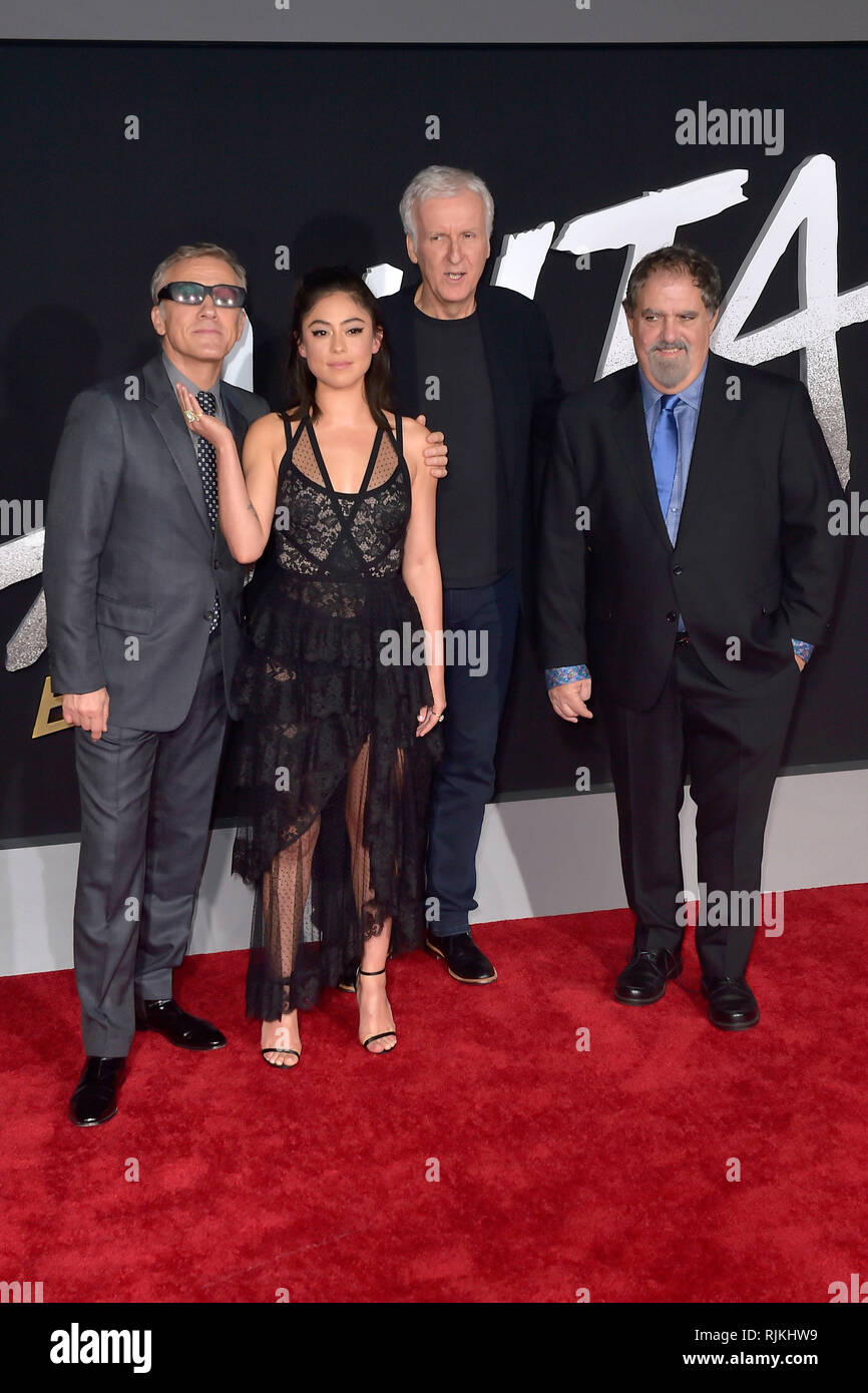 Los Angeles, USA. 05 Feb, 2019. Christoph Waltz, Rosa Salazar, James Cameron und Jon Landau bei der Premiere des Films "Alita: Battle Angel' an der Westwood Village Regency Theater. Los Angeles, 05.02.2019 | Verwendung der weltweiten Kredit: dpa/Alamy leben Nachrichten Stockfoto