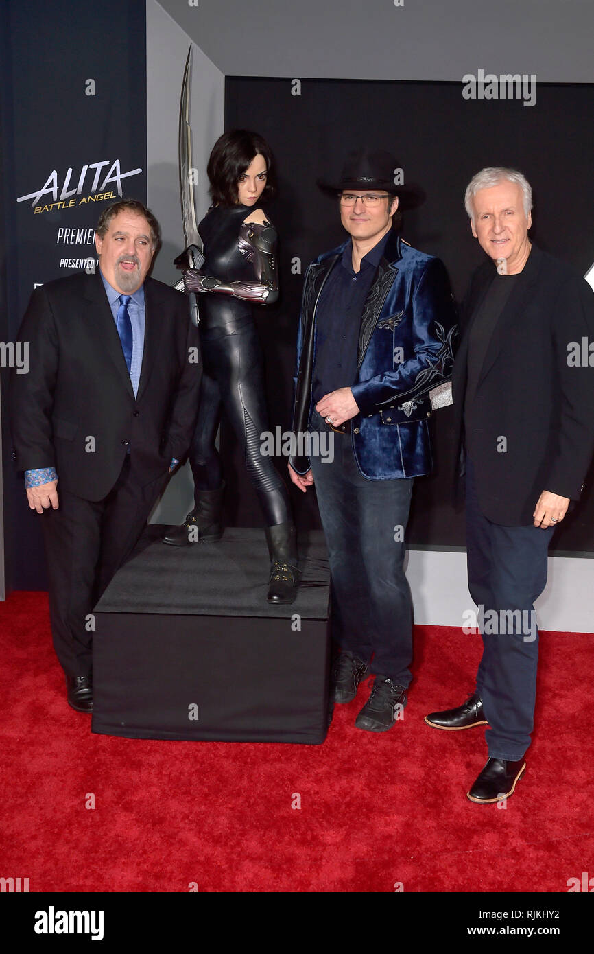 Los Angeles, USA. 05 Feb, 2019. Jon Landau, Robert Rodriguez und James Cameron bei der Premiere des Films "Alita: Battle Angel' an der Westwood Village Regency Theater. Los Angeles, 05.02.2019 | Verwendung der weltweiten Kredit: dpa/Alamy leben Nachrichten Stockfoto