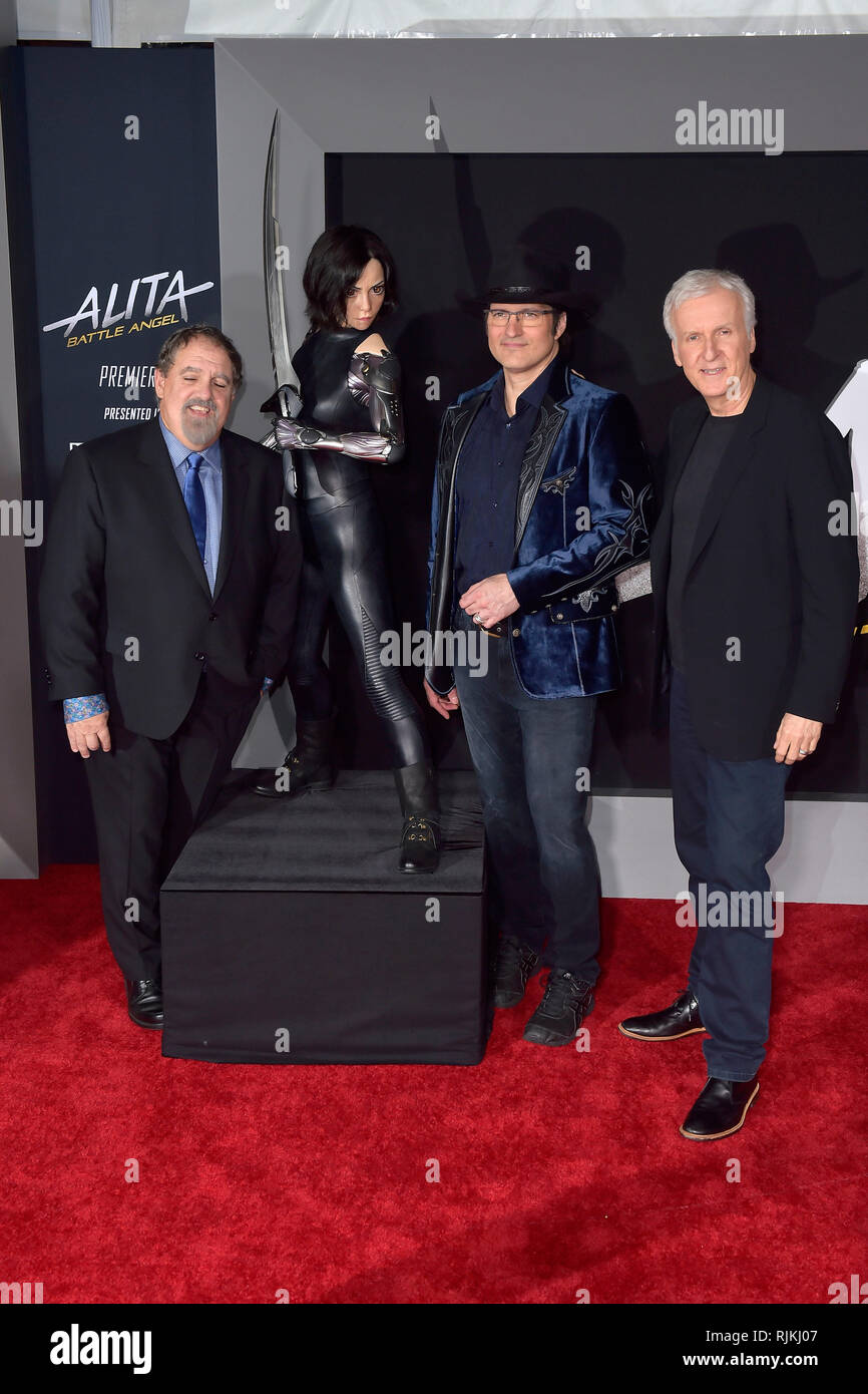 Los Angeles, USA. 05 Feb, 2019. Jon Landau, Robert Rodriguez und James Cameron bei der Premiere des Films "Alita: Battle Angel' an der Westwood Village Regency Theater. Los Angeles, 05.02.2019 | Verwendung der weltweiten Kredit: dpa/Alamy leben Nachrichten Stockfoto