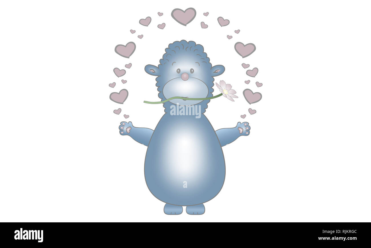 Cute Vektor Grafik Design von blue fantasy tierische Geschöpf, mit Blume und Herzen, auf weißem Hintergrund Stockfoto