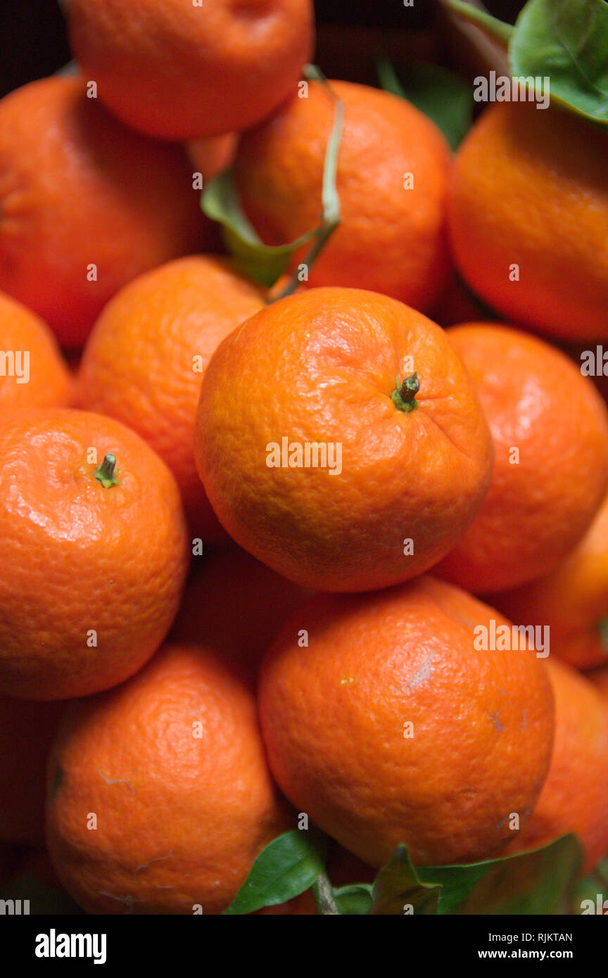 Viele Orangen der Tangerine oder Clementine Art erfassen den Frame, und einige grüne Blätter erscheinen zwischen den Obst Stockfoto