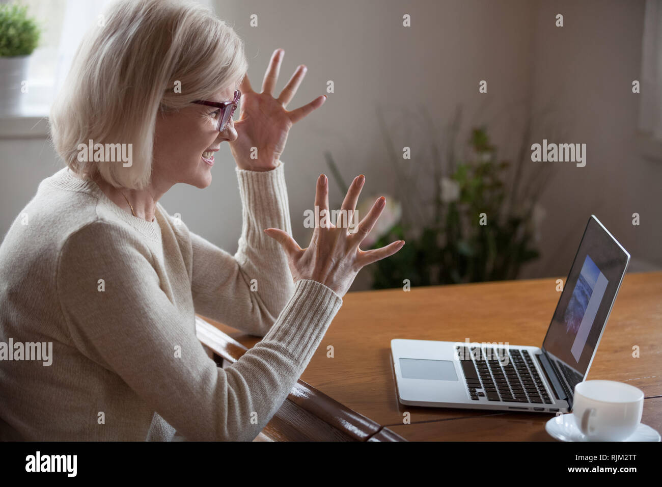 Wütende Frau mittleren Alters, die Schwierigkeiten mit dem Computer Stockfoto