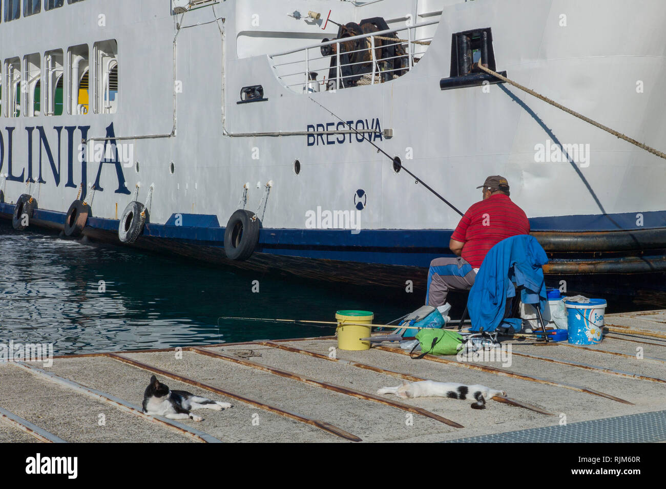 Ein Mann angeln an der Seite der Fähre in Brestova Porozina auf der Insel Cres Kroatien Stockfoto