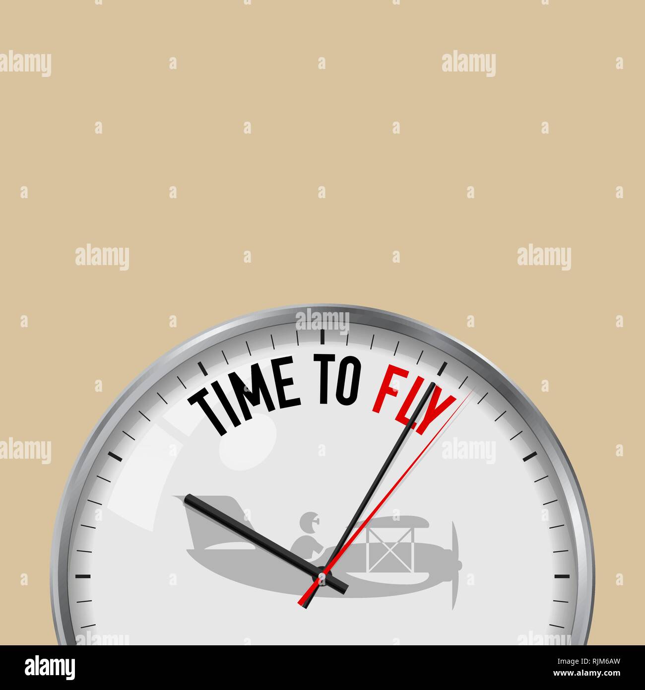 Zeit zu fliegen. Weiß Vektor Uhr mit Motivations Slogan. Analog Metall mit Glas. Vector Illustration isoliert auf einfarbigen Hintergrund. Stock Vektor