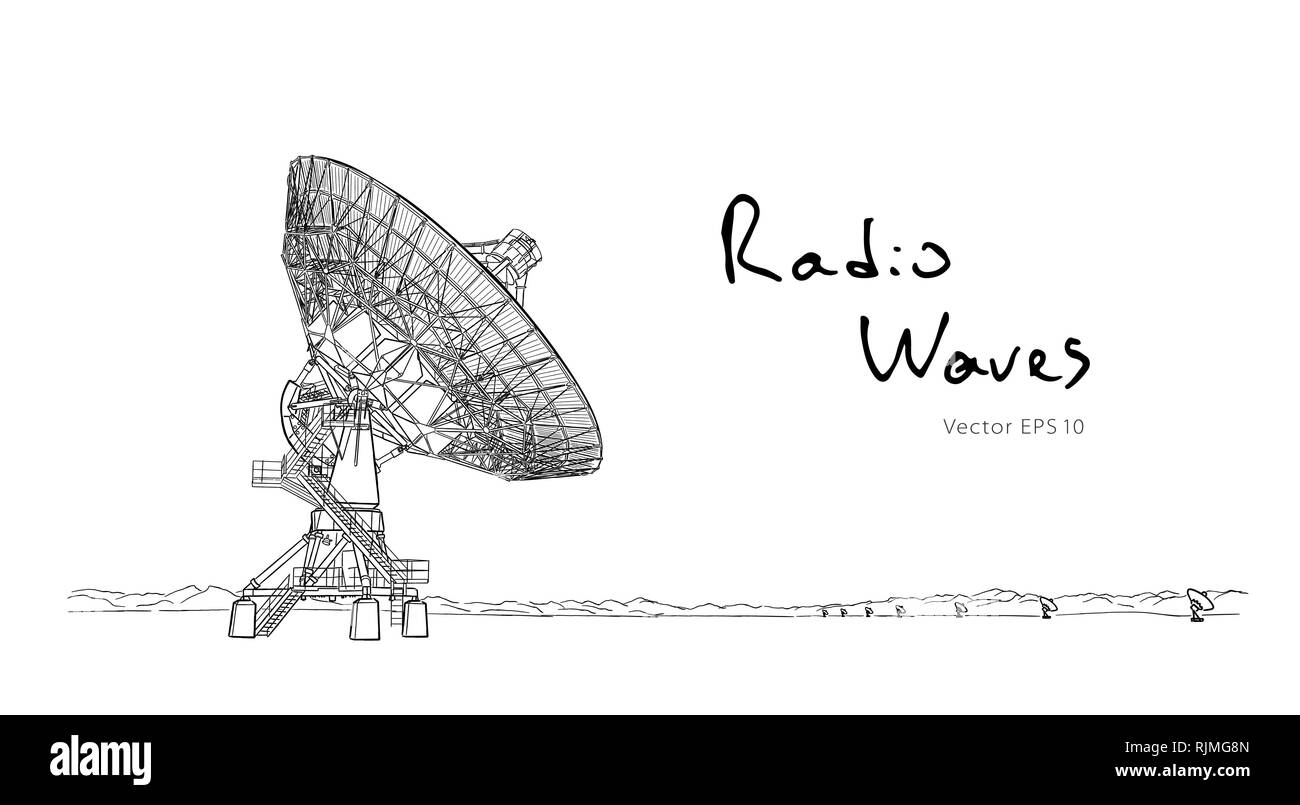 Radioteleskop Gerichte Antenne. Vektor Skizze zeichnen Stock Vektor