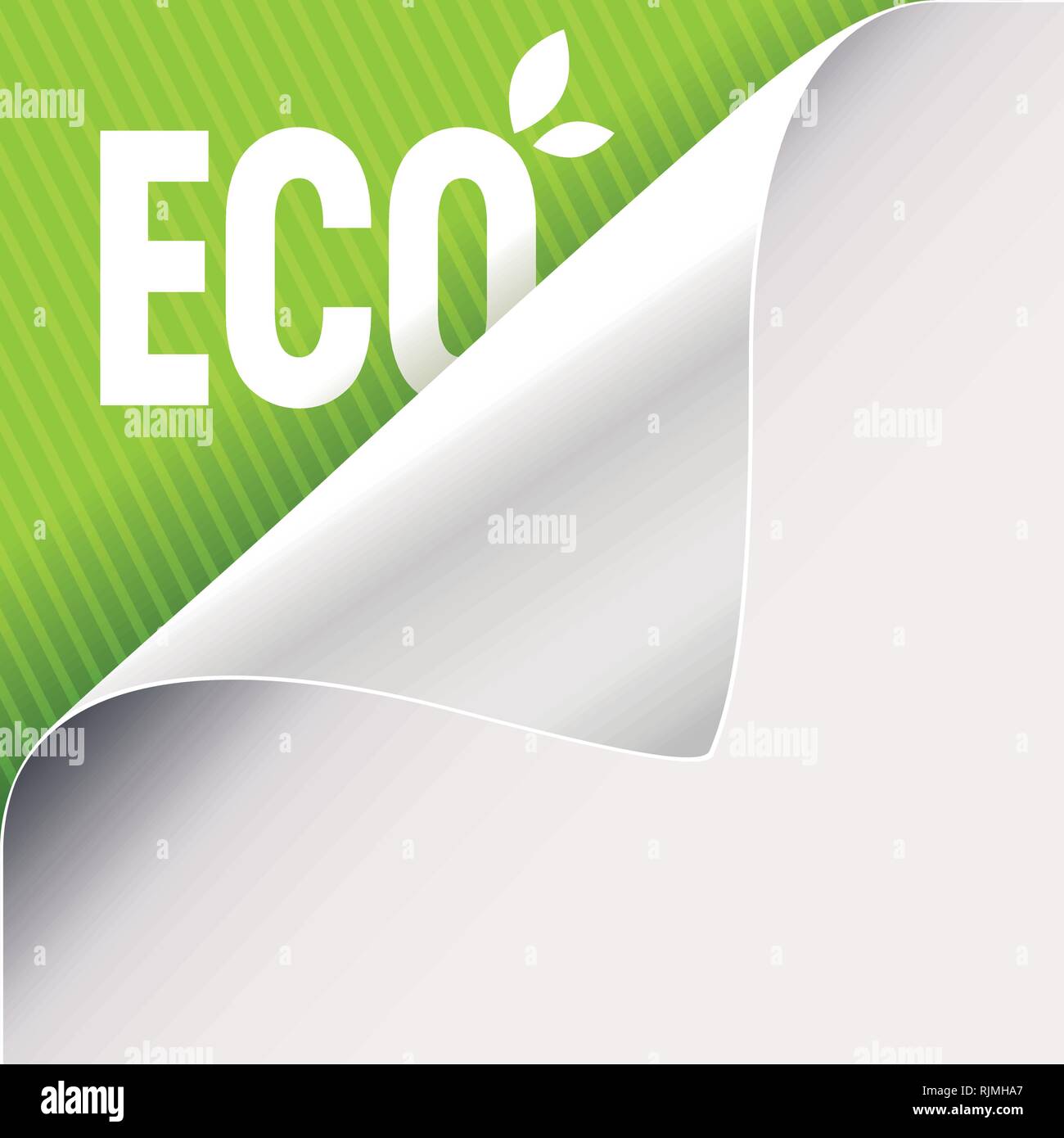 Gewellte Ecke des weißen Papiers auf der Grünen Linken oberen Winkel Hintergrund. Eco slogan Zeichen mit Blättern. Vector Illustration. Stock Vektor