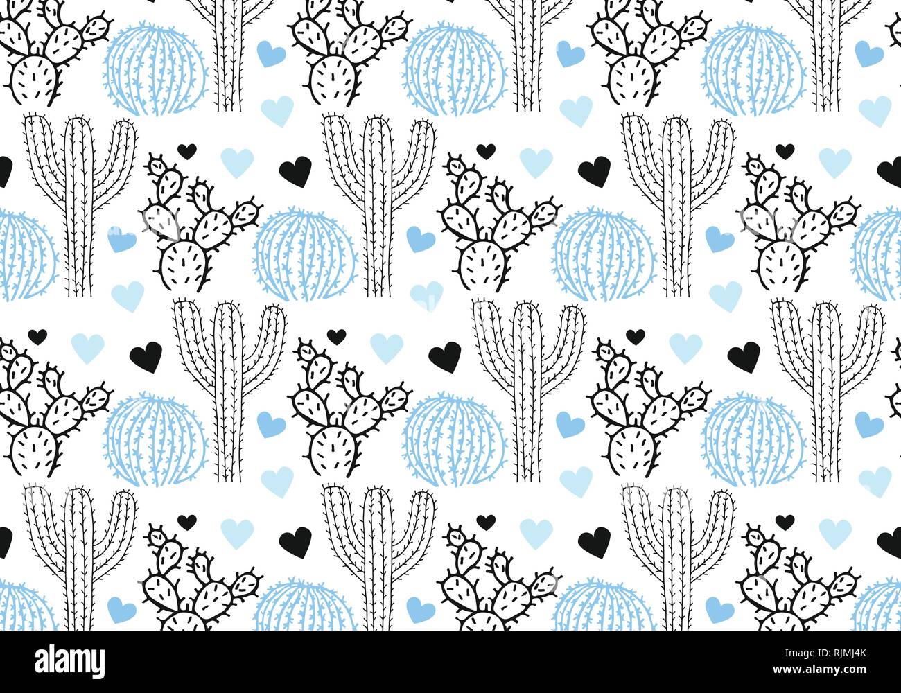 Cactus und Herzen vector Muster in blau, schwarz und weiß Farbpalette Stock Vektor