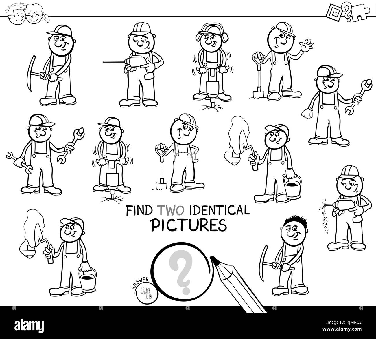 Schwarze und Weiße Cartoon Illustration, zwei identische Bilder Lernspiel für Kinder mit lustigen Arbeiter und Bauherren bei der Arbeit Malbuch Stock Vektor