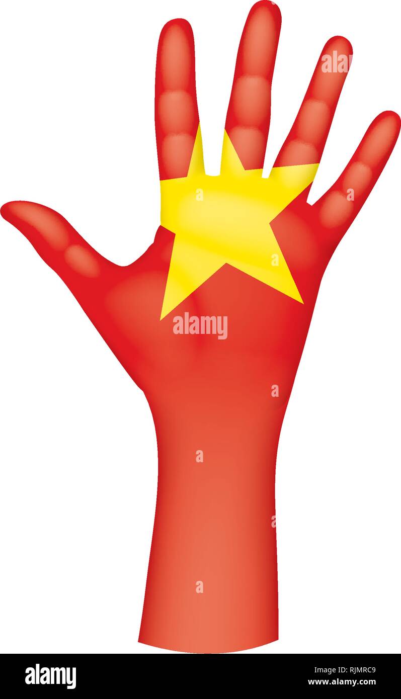 Vietnam Flagge und Hand auf weißem Hintergrund. Vector Illustration Stock Vektor