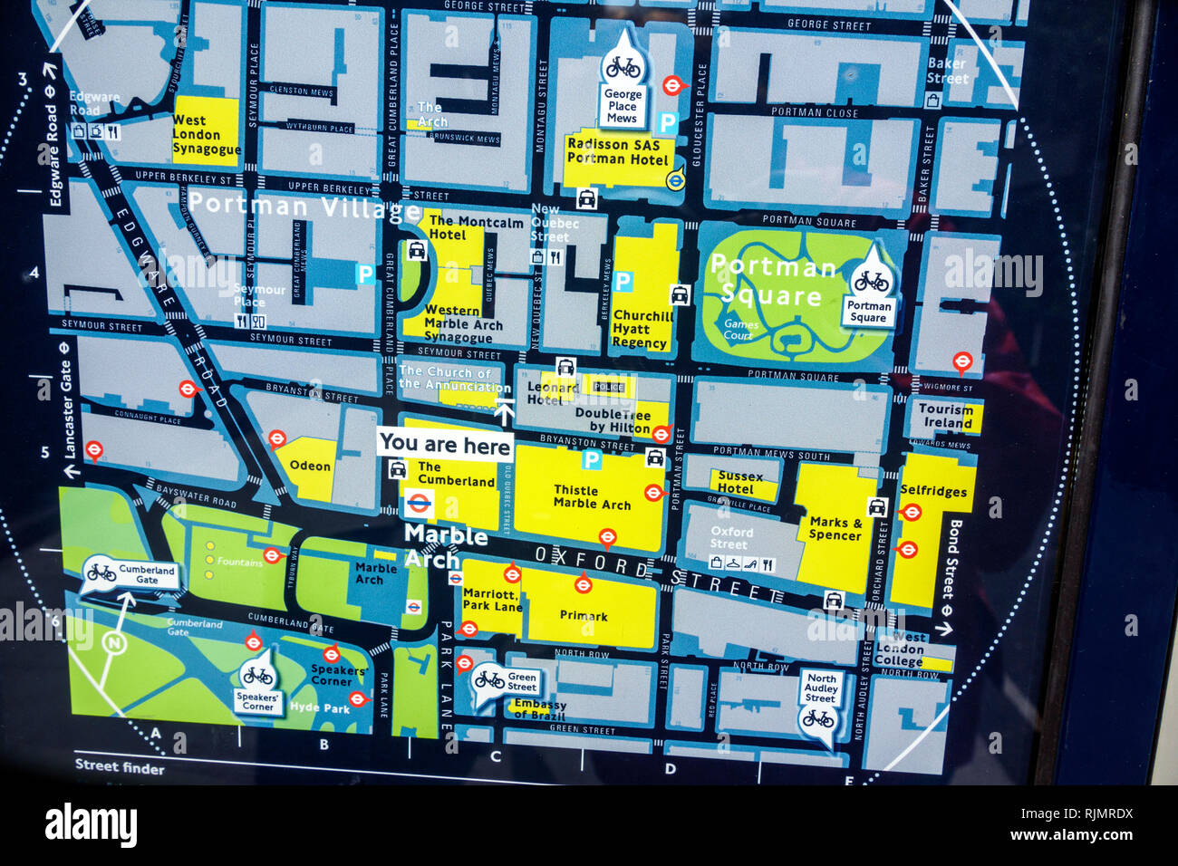 Vereinigtes Königreich Großbritannien England London Marylebone Marble Arch Street finder Karte Legigle London Wegfinden System Nachbarschaft Richtungen P Stockfoto