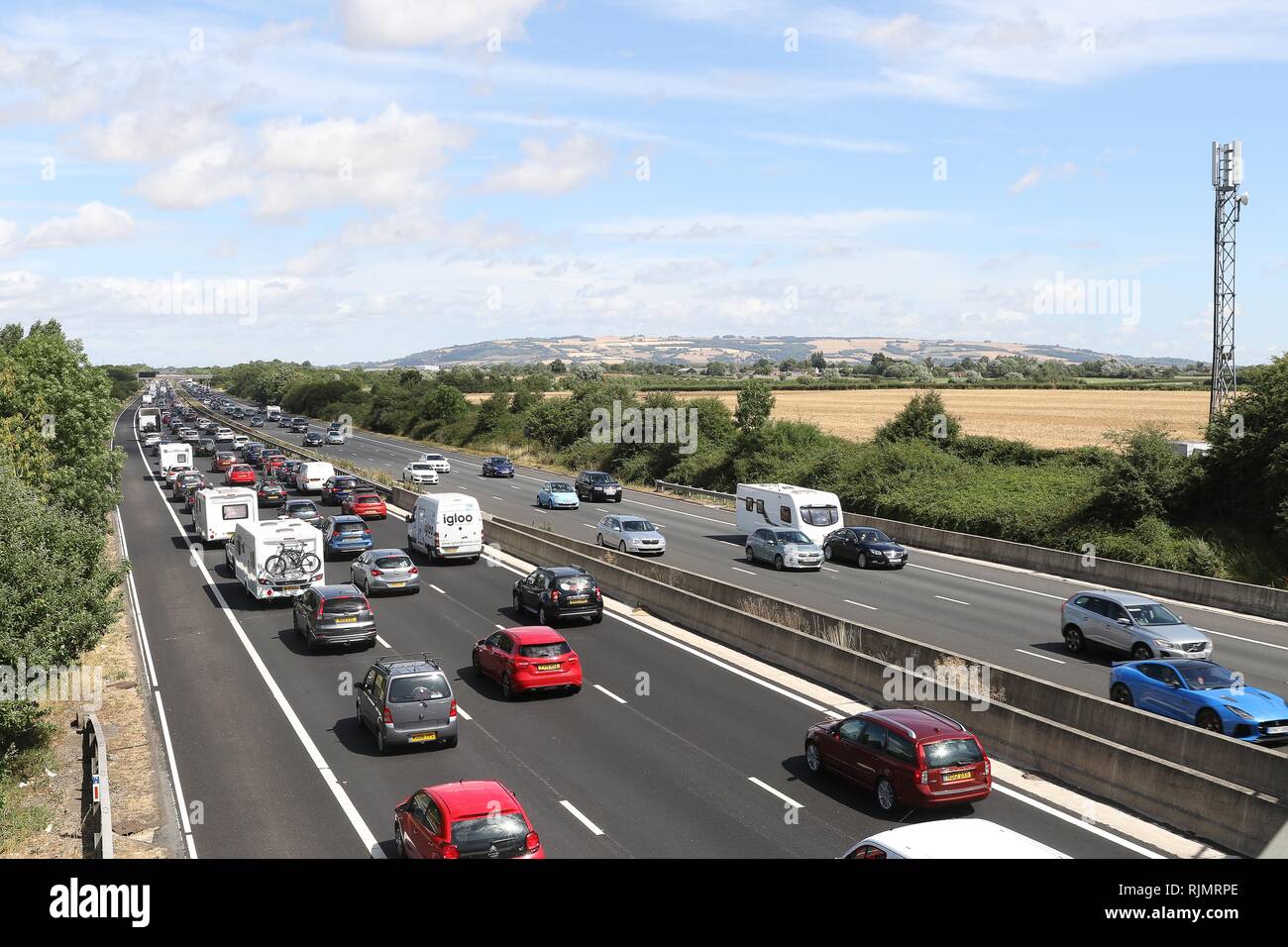 GV der Autobahn M5 zwischen Cheltenham und Gloucester Übersicht urlaub Verkehrsbehinderungen northbound - 28.7.2018 Bild von Antony Thompson - tausend Wort Stockfoto