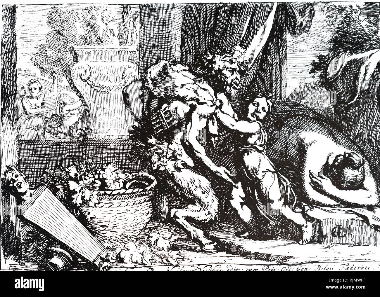 Bacchante mit silen; Radierung von Gerard de Lairesse (1641 - 1711). In der Griechischen Mythologie eine bacchante oder Maenad, war eine weibliche Anhängerin des Dionysos. Silen war ein Begleiter und Lehrer zu der Wein Gottes Dionysos. Stockfoto