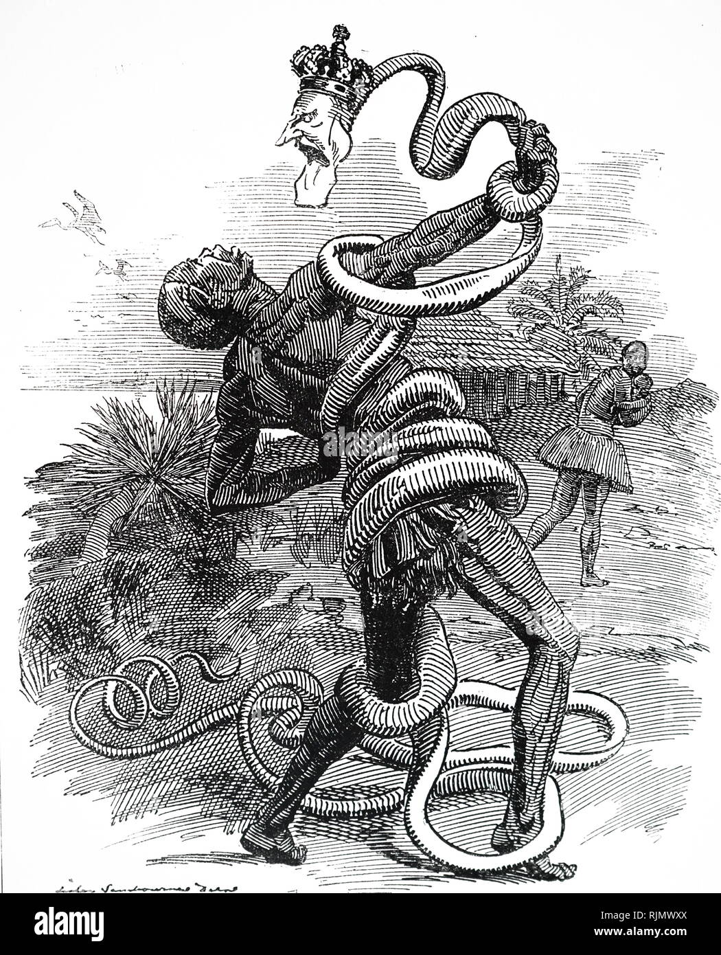 Karikatur aus dem Punch, 1906, Leopold II. von Belgien (1835-1909), drückte seine Untertanen im Freistaat Kongo (jetzt Demokratische Republik Kongo) zum Tod. Nach der Belichtung der Ausbeutung der lokalen Arbeitsmärkte, 1908 Belgien im Anhang das Gebiet und die Bedingungen leicht ab, wenn es unter Leopold י s persönliche Herrschaft war und als die belgischen Kongo bis Unabhängigkeit verbessert. Stockfoto