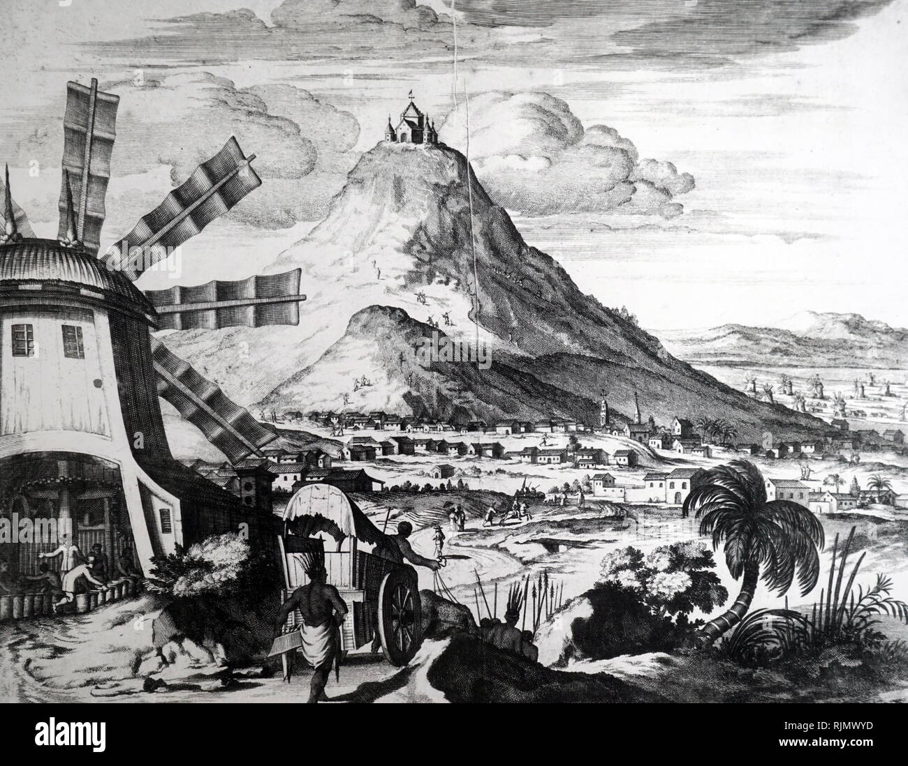 Mount Potosi (Bolivien); berühmt nach reichen Vorkommen an Silber in Es wurden im Jahr 1545 entdeckt. Auf der linken Seite des Bildes ist ein Windkraftanlagen stanzen Mühle, die für das Behandeln der Erz. Aus dem 17. Jahrhundert Kupferstich Stockfoto