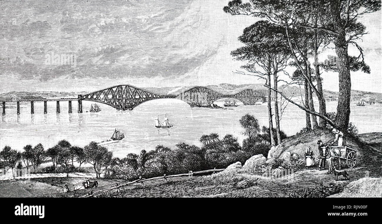 Abbildung: Eindruck der vorgeschlagenen Eisenbahnbrücke eines Künstlers über die Firth oder Her, Schottland 1884. Stockfoto