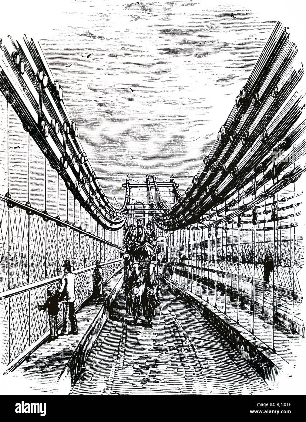 Abbildung: Fahrbahn auf Telford's, Hängebrücke über die Menai Straits. Zwischen 1820 und 1826 als Teil der London erbaut nach Holyhead Road (die wichtigsten e-mail Route von London nach Dublin). 1892 Stockfoto