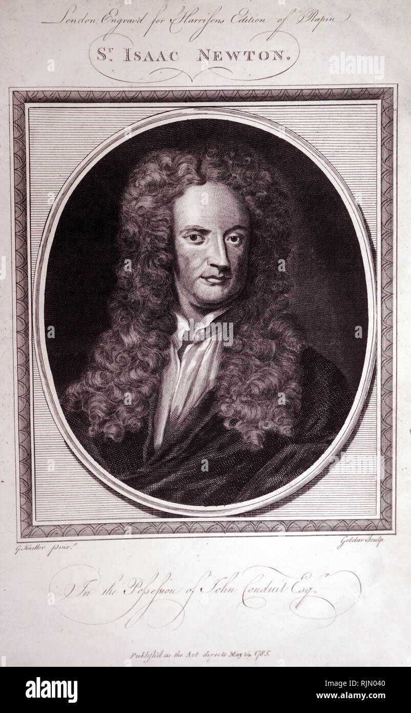 Isaac Newton (1642 - 1727), britischer Wissenschaftler. Kupferstich von John goldar (1729-1795); nach dem Porträt von Godfrey Knellar. Stockfoto