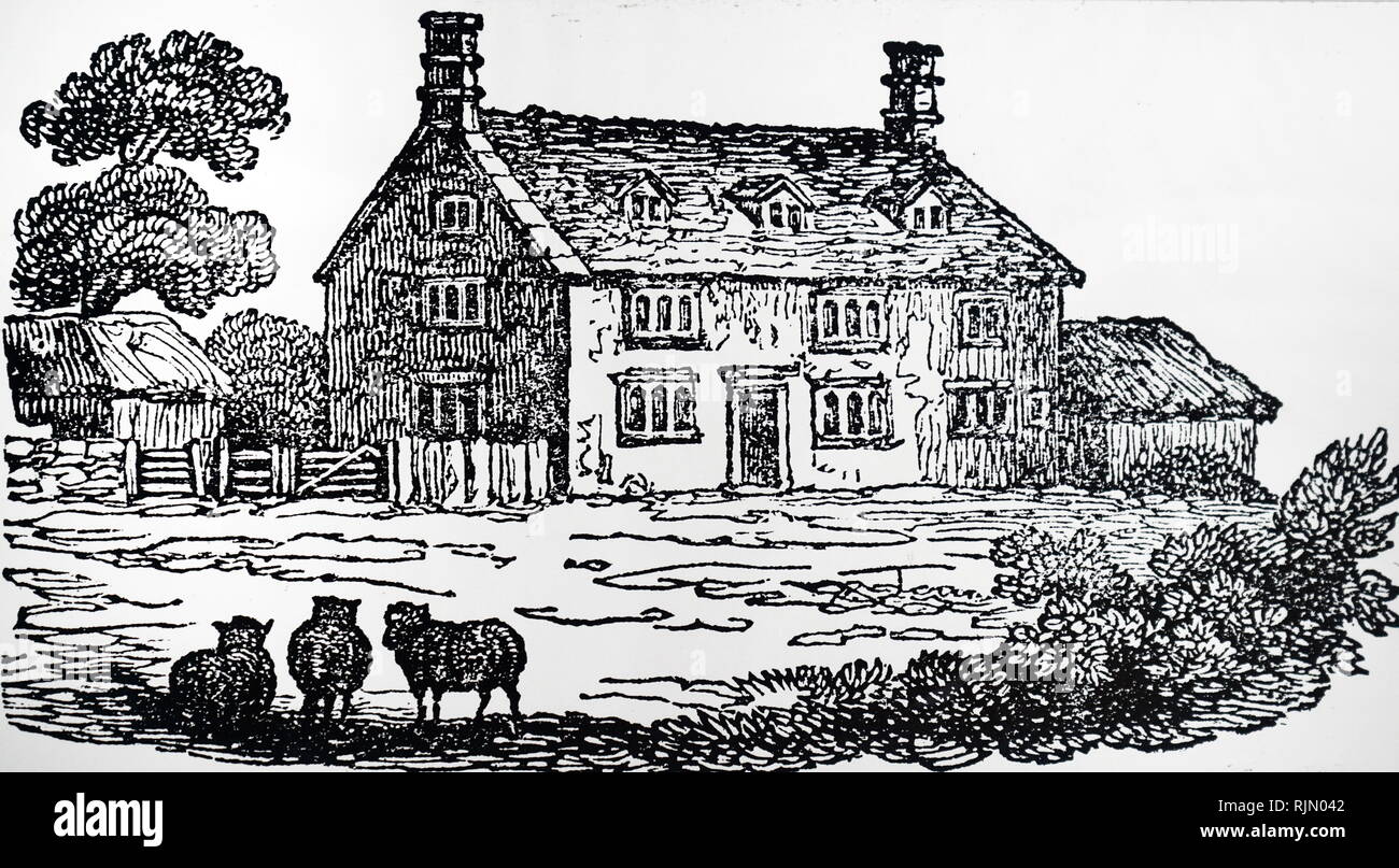 Woolsthorpe Manor, in der Nähe von Grantham, Lincolnshire, das Haus, in dem Isaac Newton geboren wurde. Abbildung; 1832. Isaac Newton (1642 - 1727), britischer Wissenschaftler. Stockfoto