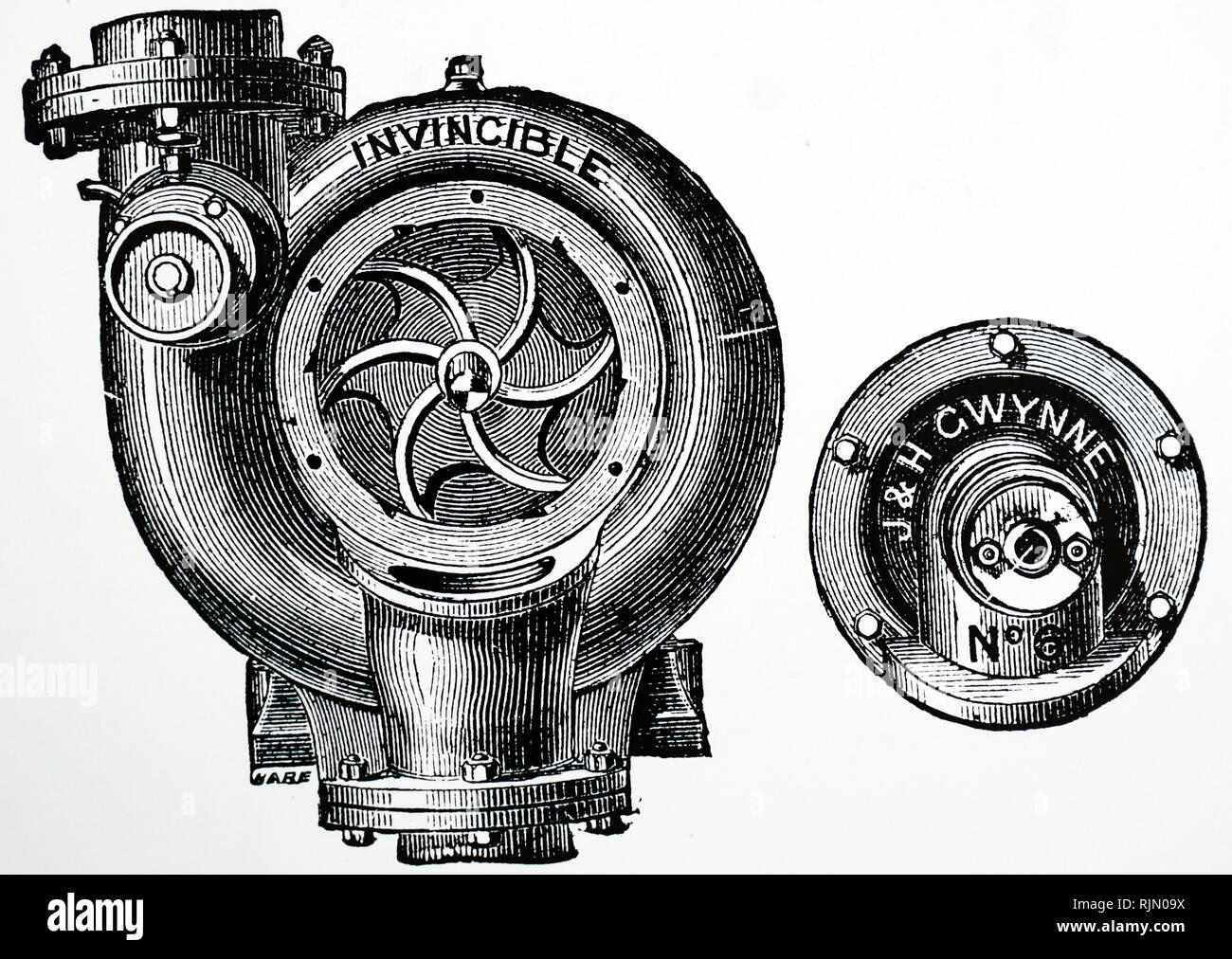 Abbildung: Kreiselpumpe von J.&H. Gwynne, Hammersmith Iron Works, London. Von C.G. Warnford Lock Bergbau und Ore-Dressing Maschinen, London 1890. Stockfoto