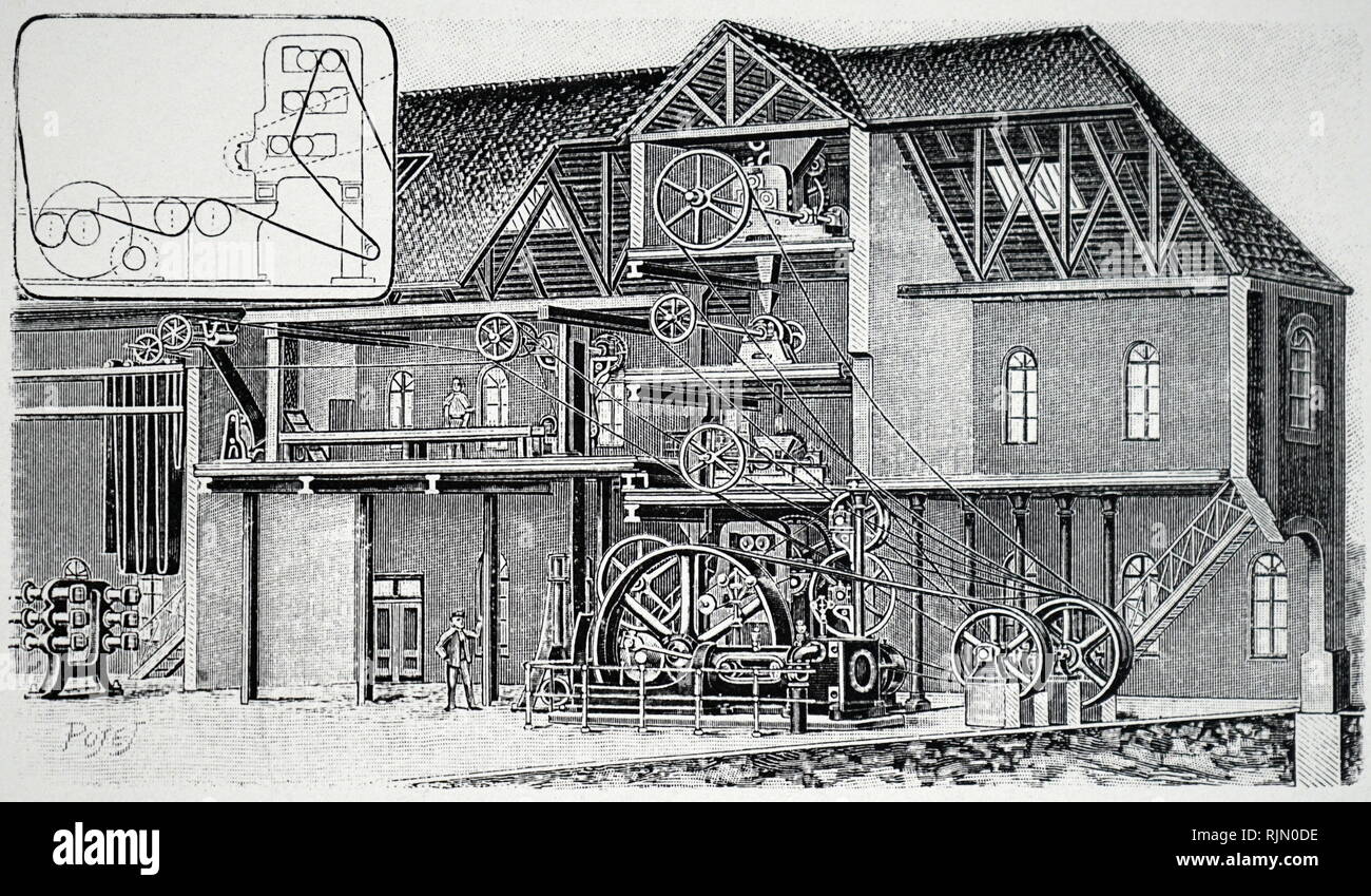 Abbildung: Schnitt, einer Französischen, Anfang des 20. Jahrhunderts vinyl Factory, mit der Maschine für die Kalenderverwaltung und finden das Linoleum inset. 1904 Stockfoto
