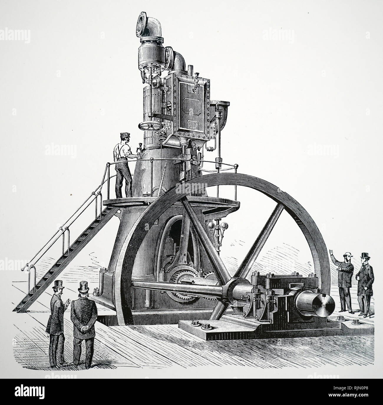 Abbildung direkt angezeigt - Aktion vertikale Dampfmaschine mit Schwungrad Welle in der Nähe von Boden 1888 Stockfoto