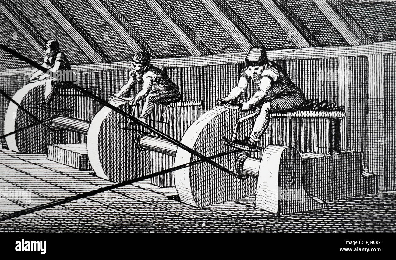 Abbildung: Schleifen Blades in einem Sheffield cutler Workshop über der Welle und der Treibriemen. Von der Rev. Isaac Taylor Szenen der Britischen Reichtum, London, 1823 Stockfoto